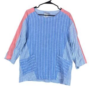 A La Carte Womens Blouse Blue Pink Colorblock Striped Linen 3/4 Sleeve Tunic M